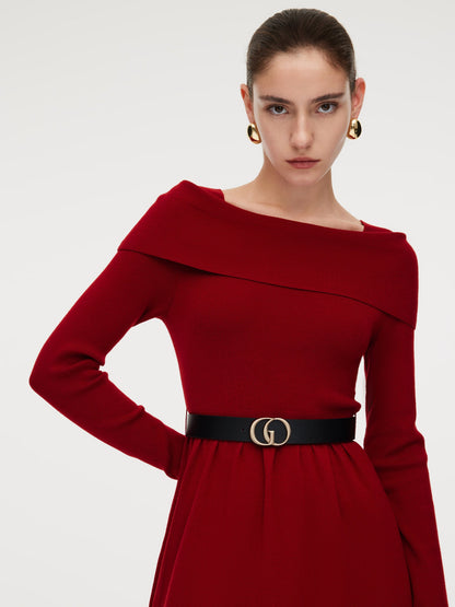 Tencel Wool Blend Boat Neck Women Knit Maxi Dress With Leather Belt