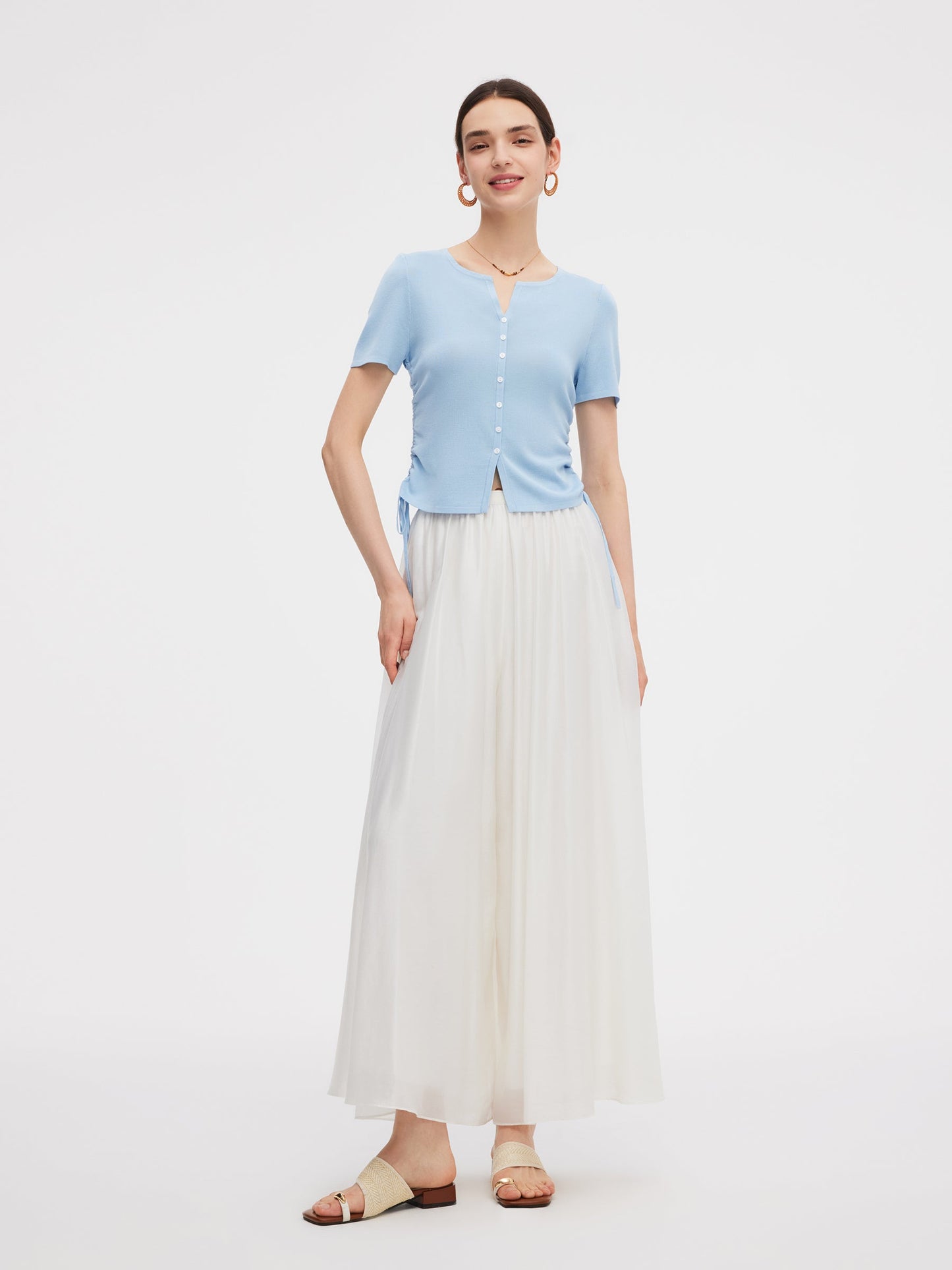 Acetate Tencel Blend Side Drawstring Women Knit Top