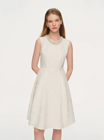 [Preview] Jacquard Beaded Neckline Women Sleeveless Midi Dress