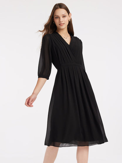 V-Neck Pleated Lace Up Wrap Midi Dress