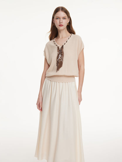 Pre-Order Silky Scarf Neck Knit Top And Acetate Blend Skirt Two-Piece Set