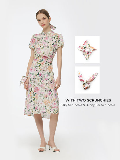 19MM Mulberry Silk Floral Print Side Twist Women Qipao Midi Dress