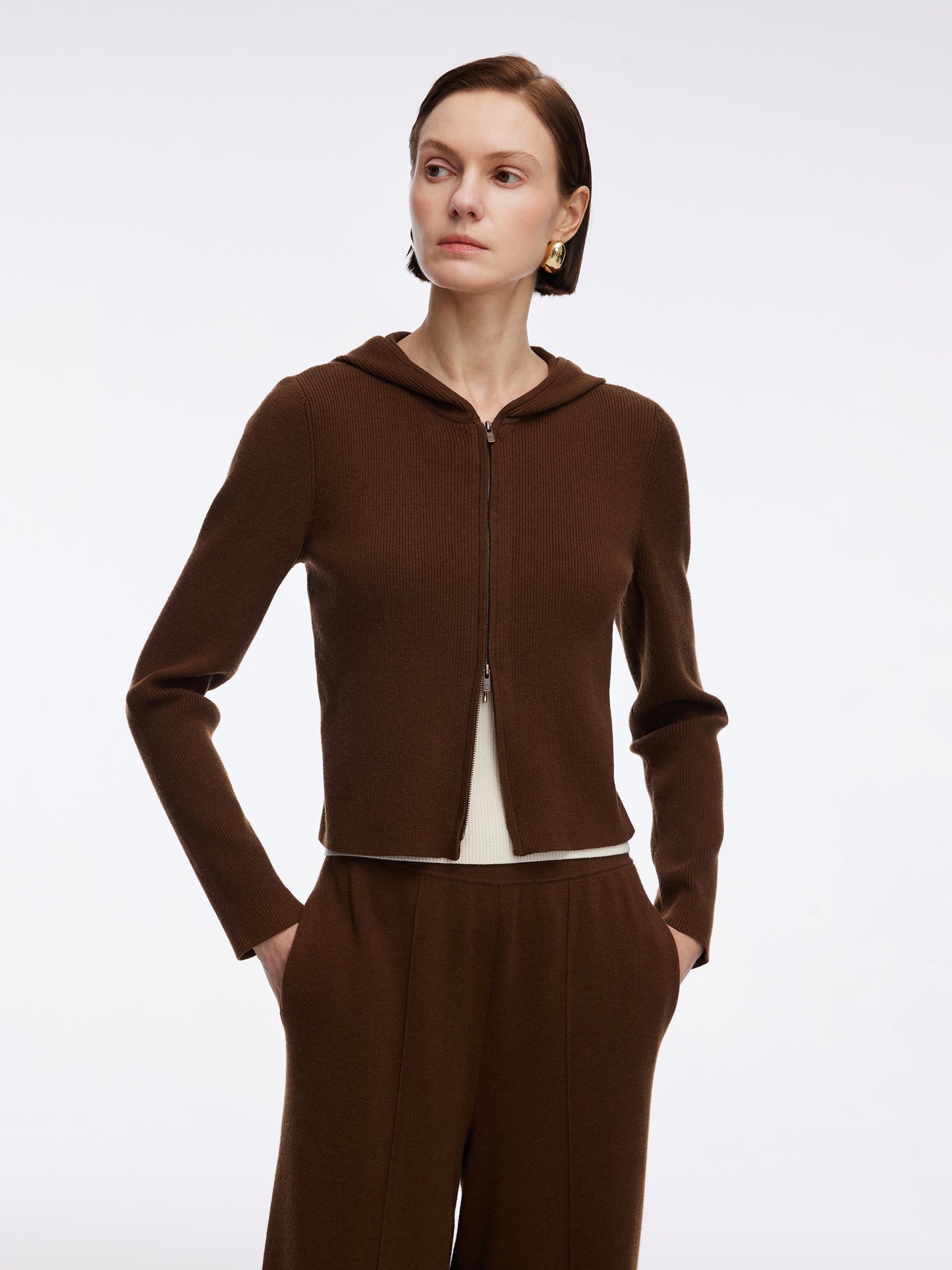 Tencel Wool Blend Faux-Layered Zip-Up Knit Top And Pants Two-Piece Set