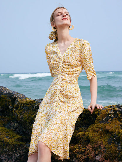 Pleated Fishtail Floral Midi Printed Dress