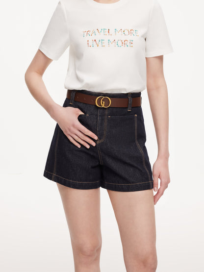 100% Cotton Denim Slimming Seamed Women Shorts With Belt