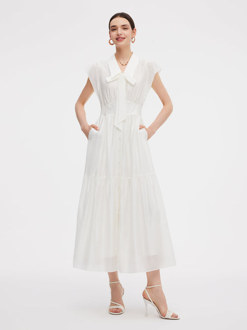 Tencel Blend Women Cap Sleeve Maxi Dress With Ribbon