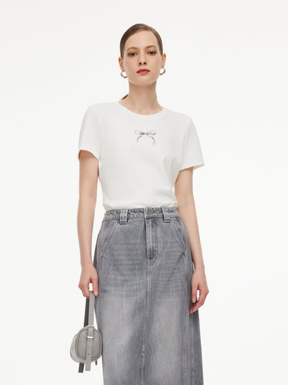 Bowknot Print Gathered Waist Women T-Shirt