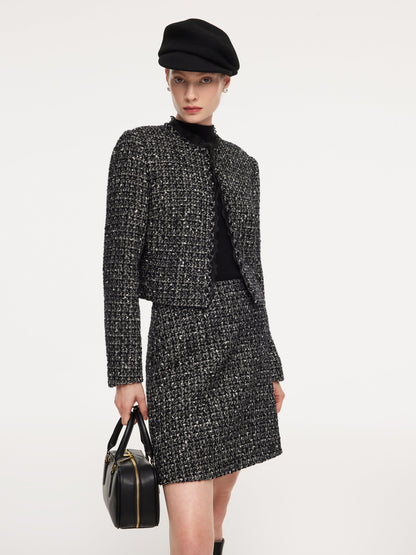 Wool Blend Tweed Cropped Jacket And Skirt Two-Piece Set