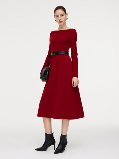 Tencel Wool Blend Boat Neck Women Knit Maxi Dress With Leather Belt