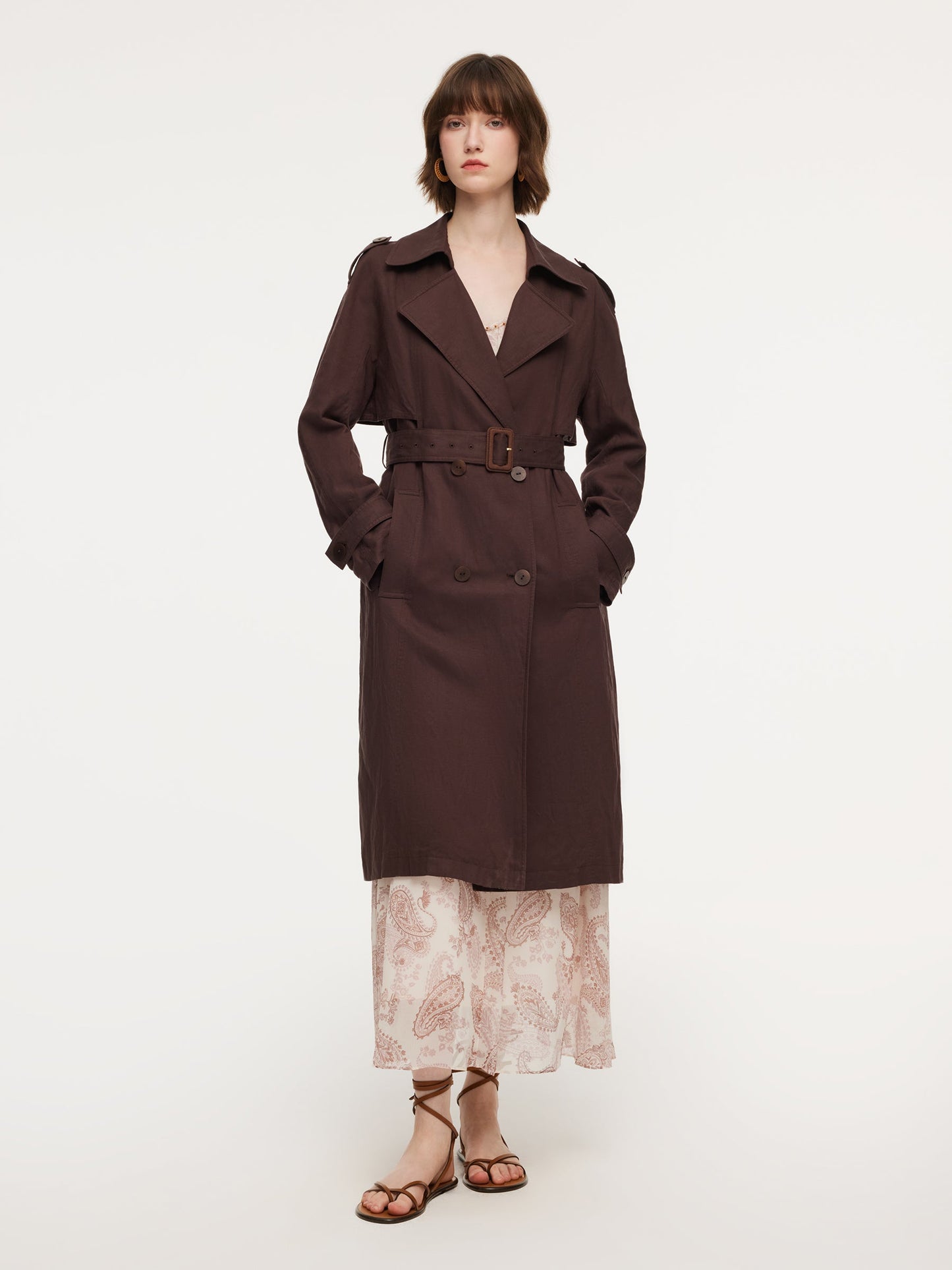 Linen Blend Women Belted Trench Coat