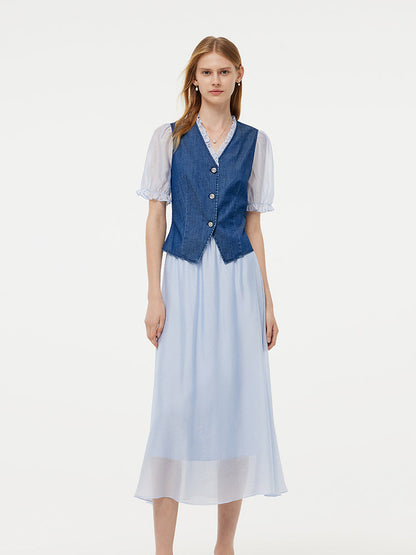 Denim Lyocell Patchwork Crop Jacket And Skirt Two-Piece Set