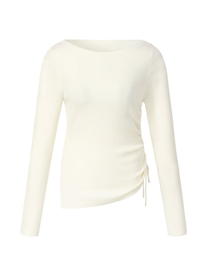 Wool Acetate Blend Boat Neck Side Drawstring Women Knit Top