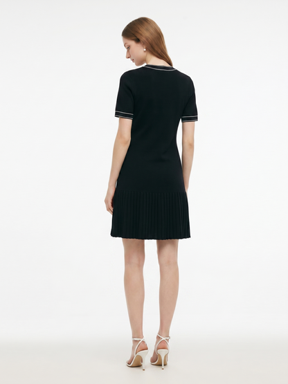 Tencel Blend Contrast Trim Women Pleated Hem Knit Mini Dress