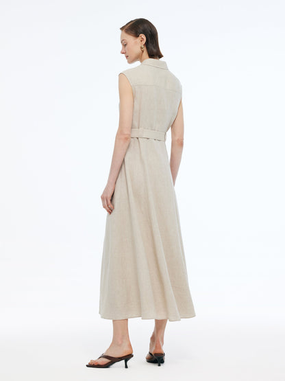 100% Linen Women Vest Maxi Shirt Dress With Belt