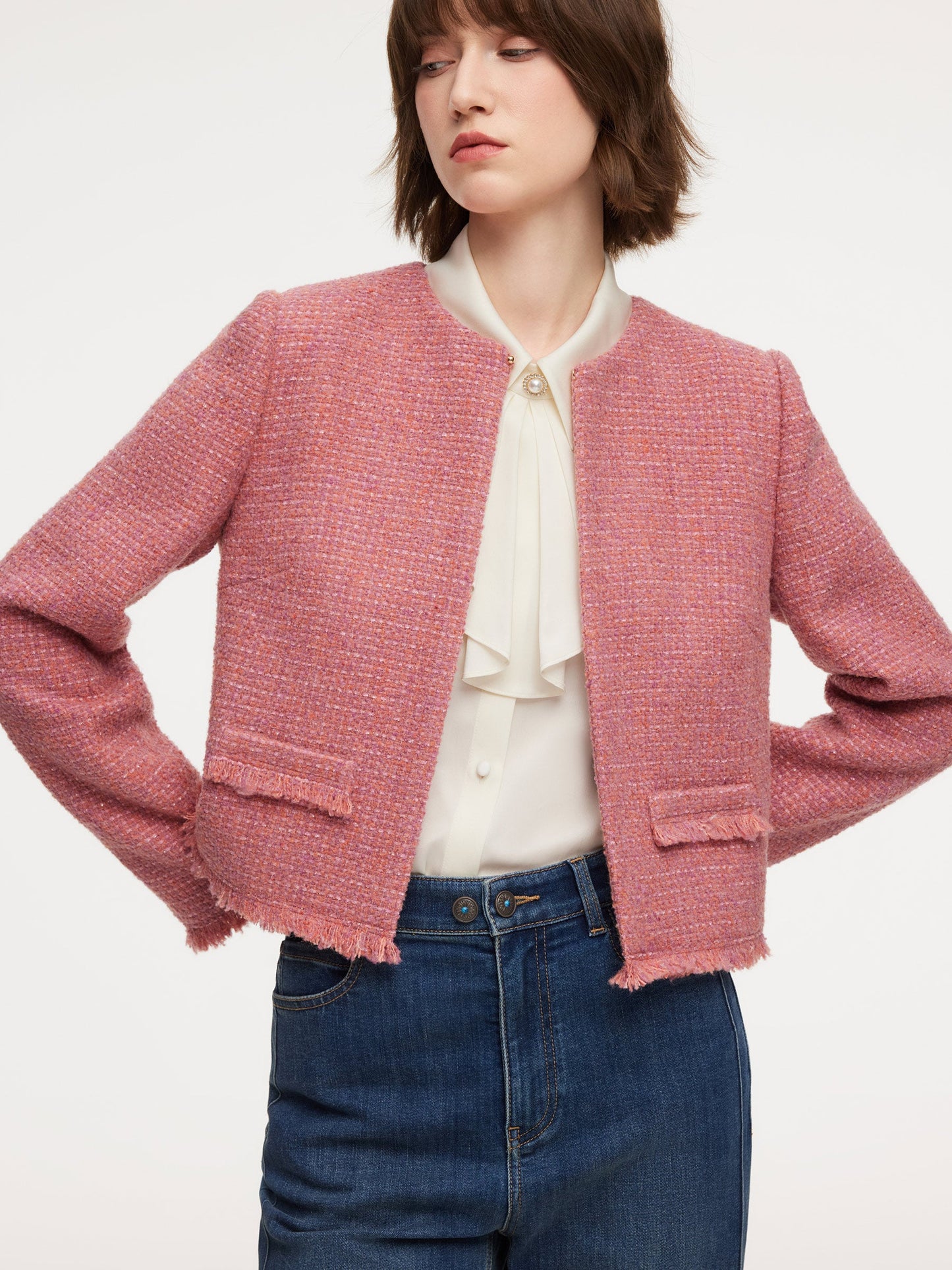 Wool Blend Tweed Frayed Hem Women Jacket
