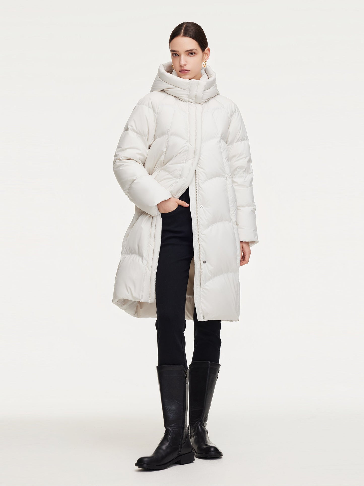 Cocoon Hooded Zip-Up Long Goose Down Coat