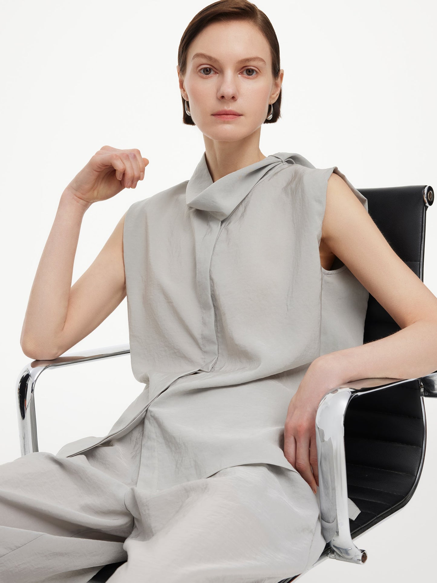 Triacetate Blend Ribbon Neck Women Sleeveless Blouse