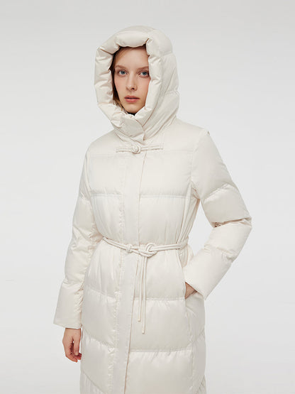 Gathered Waist Hooded Long Goose Down Coat