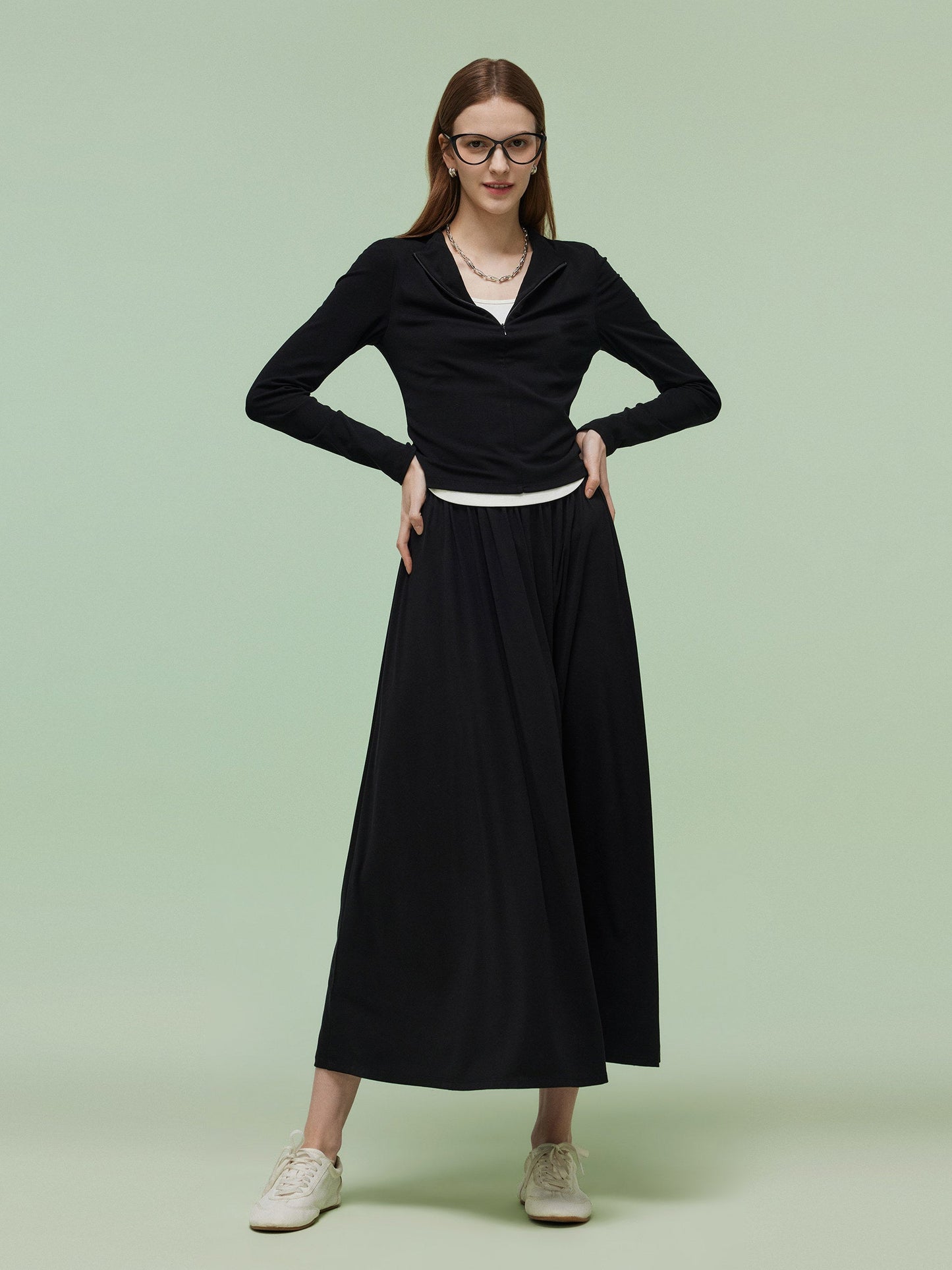 Tencel Blend Half-Zip Women Knit Top And Skirt Two-Piece Set