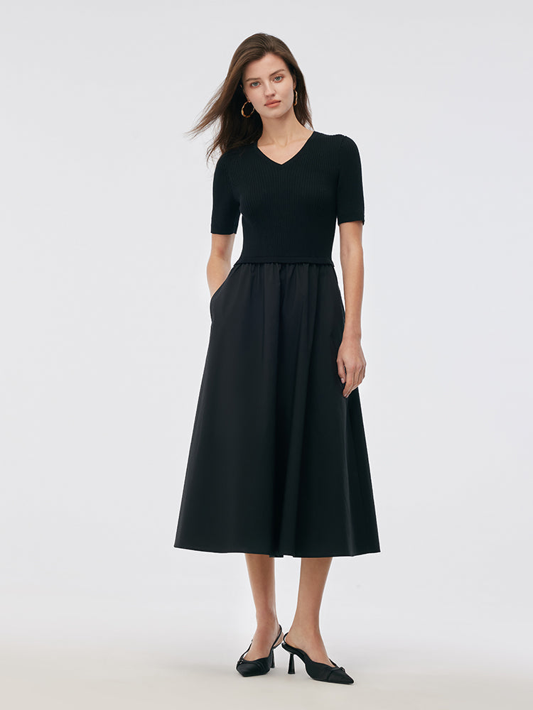 Tencel V-Neck Patchwork Women Midi Dress