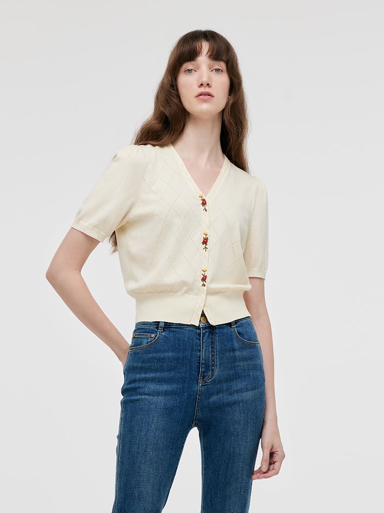 Tencel-Silk Blend Floral Embroidered Women Knit Top