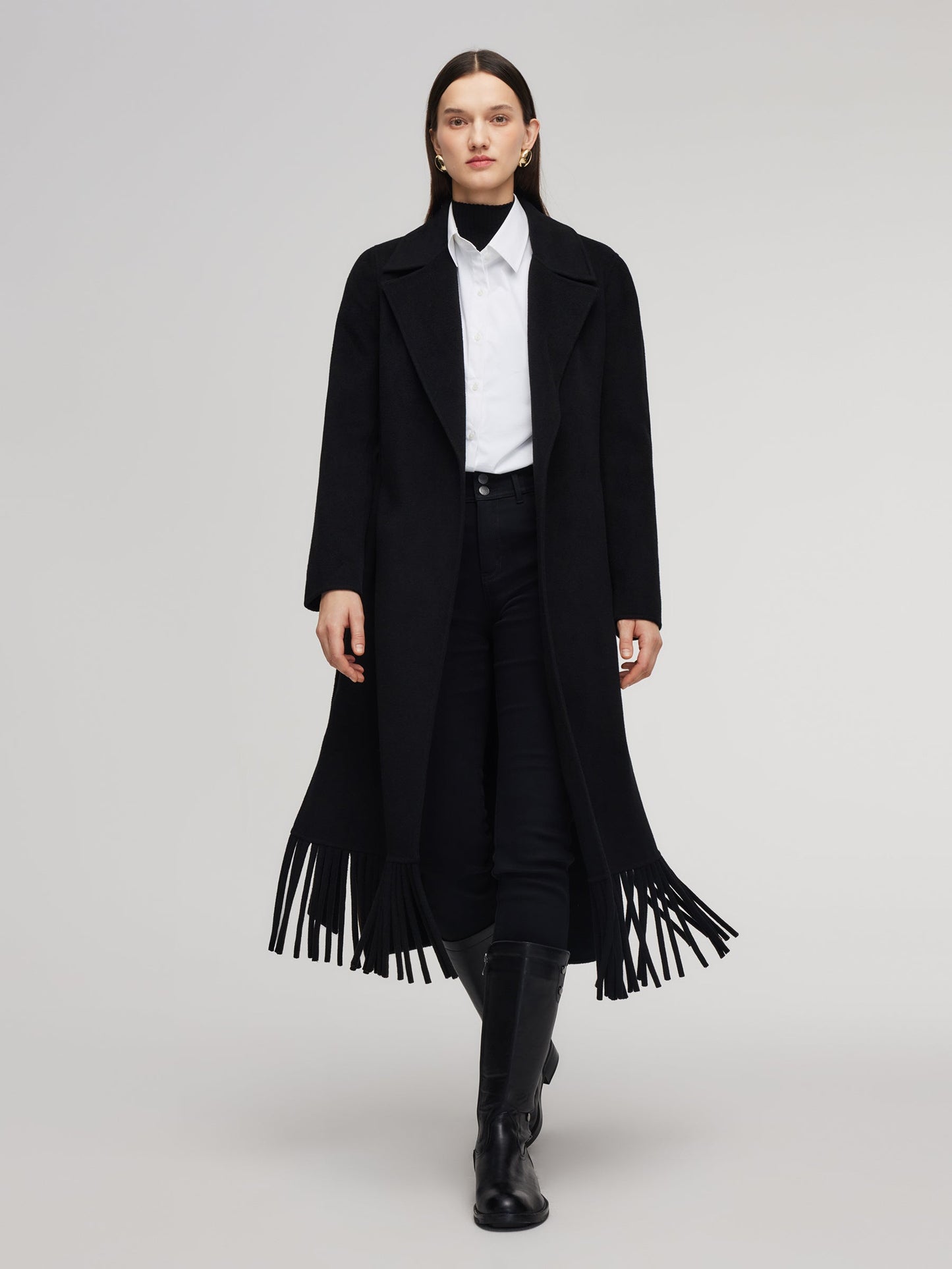 Cashmere Wool Blend Fringe Hem Women Wrap Overcoat