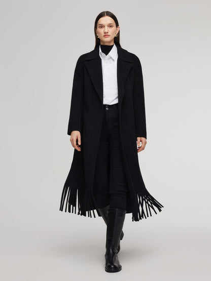 Cashmere Wool Blend Fringe Hem Women Wrap Overcoat