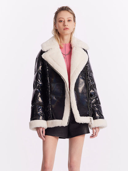 Lapel Patchwork Goose Down Jacket