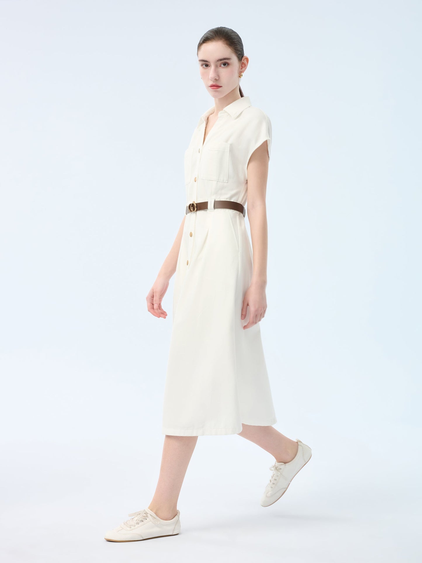 Lyocell Cotton Blend Denim Women V-Neck Maxi Shirt Dress With Belt