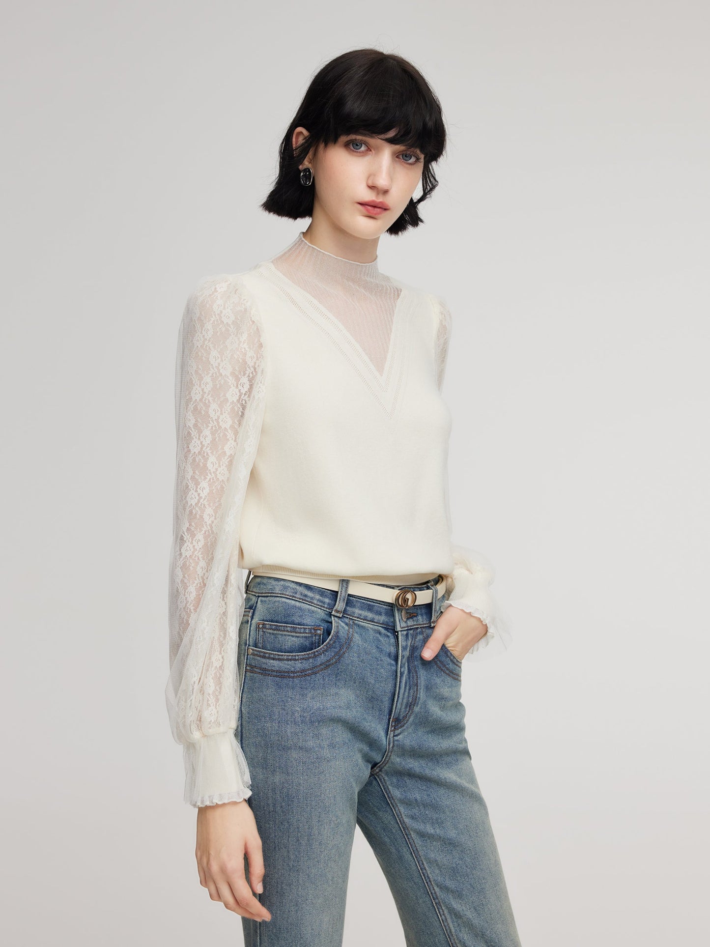 Tencel Wool Blend Lace Patchwork Women Knit Top