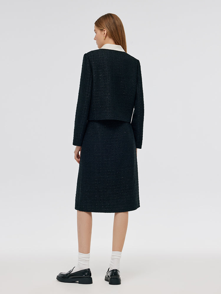 Tweed Crop Jacket And A-Line Skirt Two-Piece Set With Detachable Contrast Collar