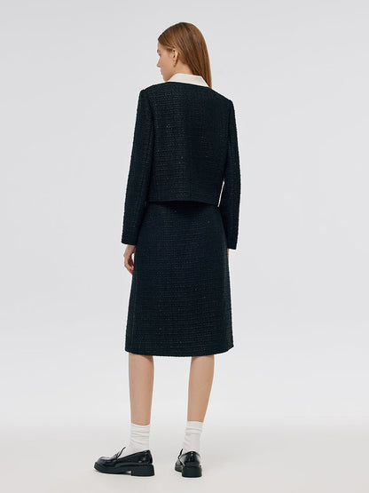 Tweed Crop Jacket And A-Line Skirt Two-Piece Set With Detachable Contrast Collar