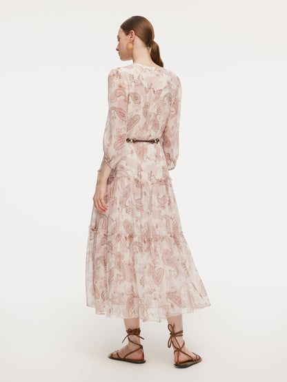 10MM Mulberry Silk Paisley Print Women Maxi Dress With Two Self-Tie Belts