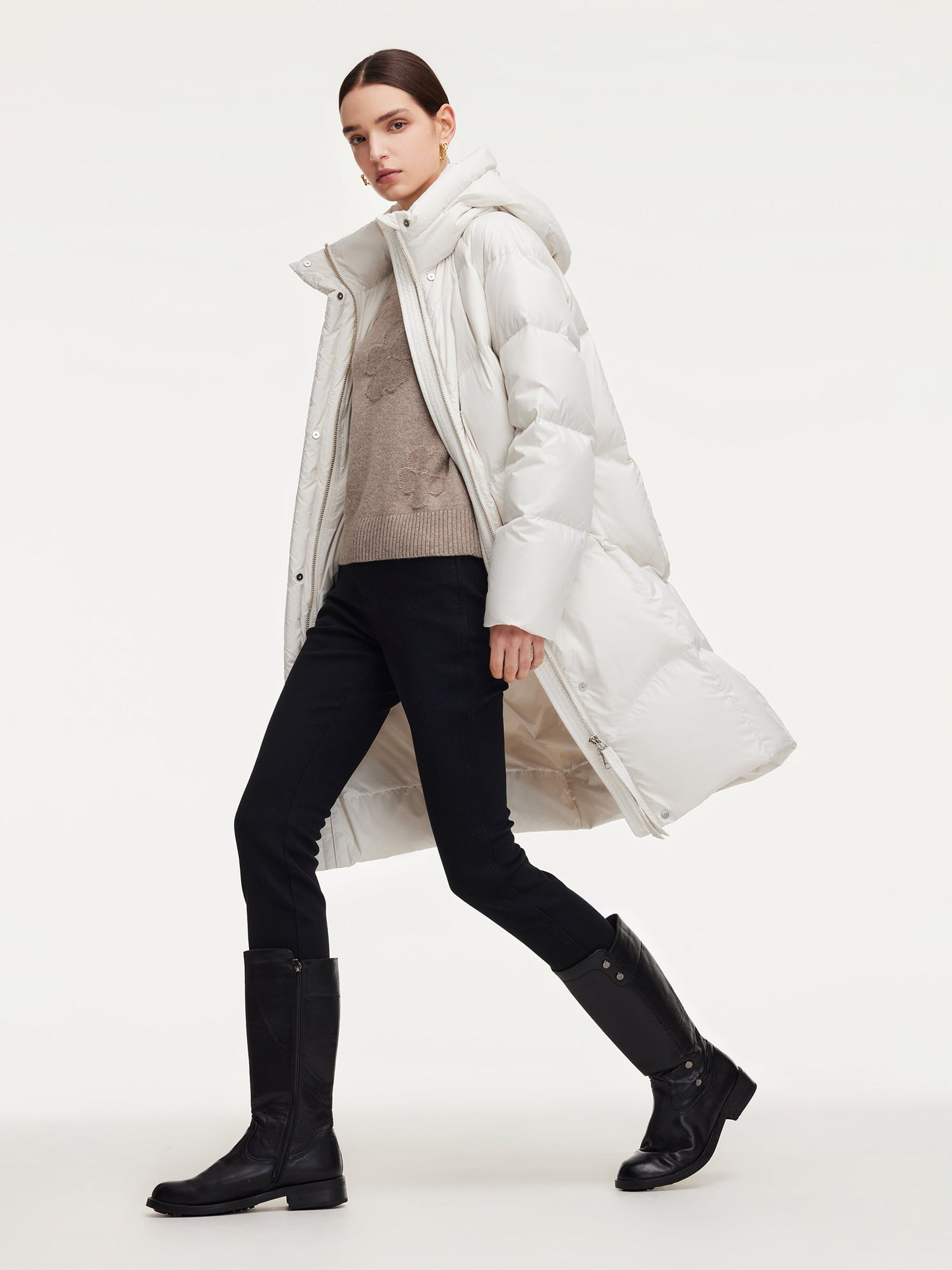 Cocoon Hooded Zip-Up Long Goose Down Coat