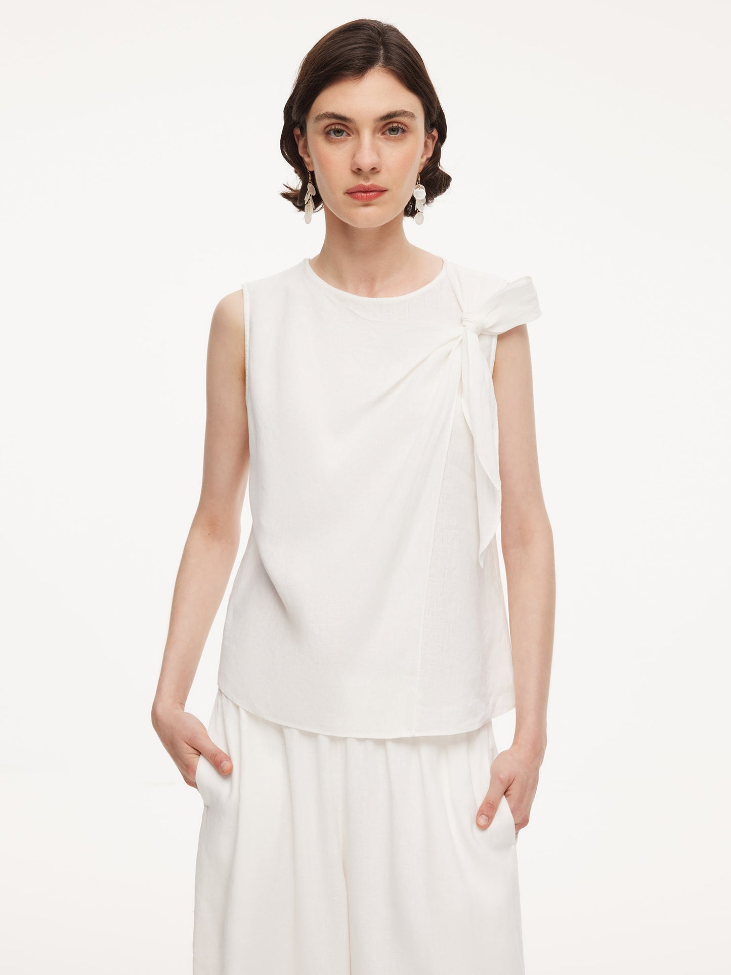 100% Linen Front Knot Tank Top And Pants Two-Piece Set