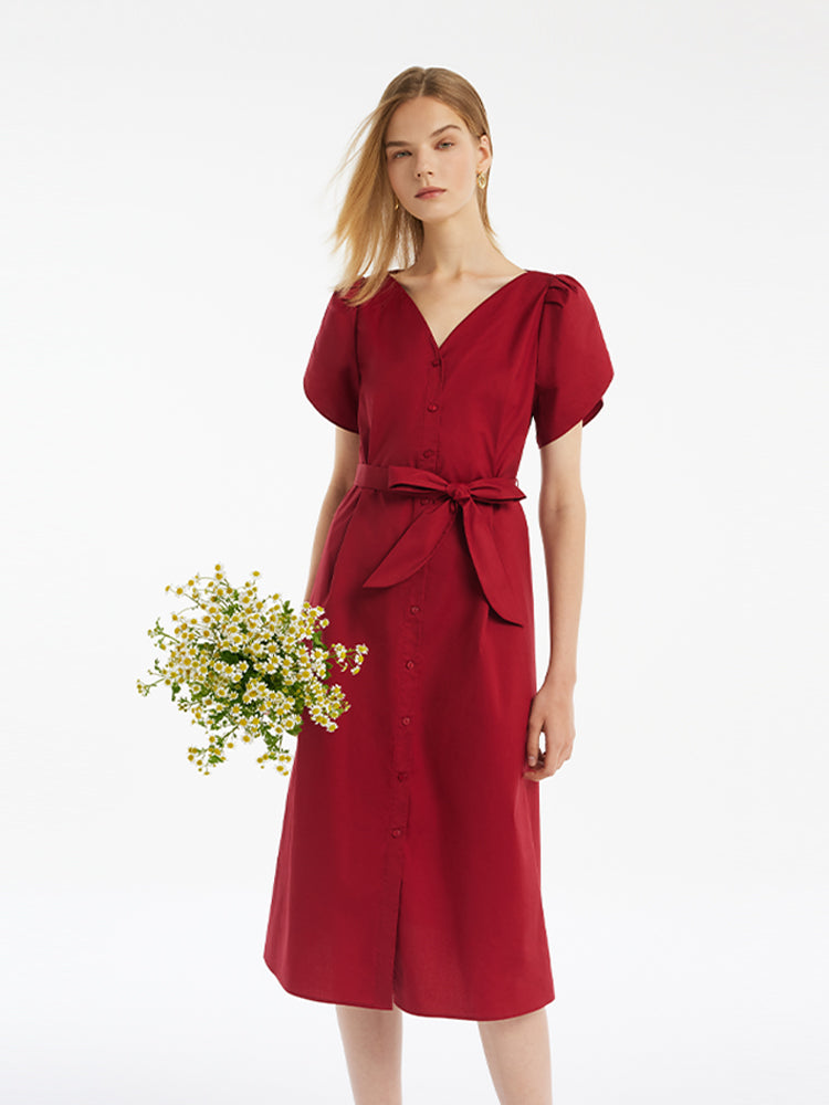 Petal Sleeves Gathered Waist V-Neck Women Midi Dress With Belt