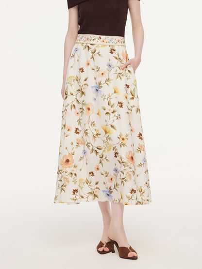 Tencel Blend Floral Print Women A-Line Skirt With Scrunchie
