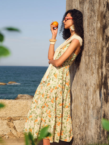 Cotton Floral Print Strap Maxi Dress And Openwork Cardigan Two-Piece Set