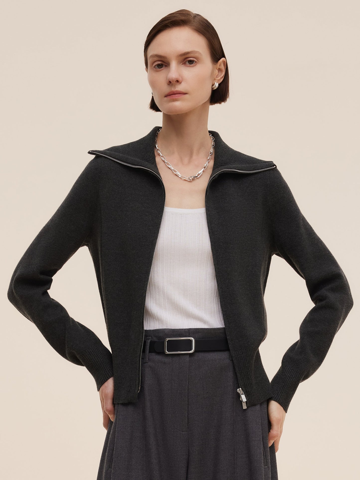 Tencel Wool Blend Zip-Up Women Cardigan
