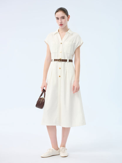 Lyocell Cotton Blend Denim Women V-Neck Maxi Shirt Dress With Belt
