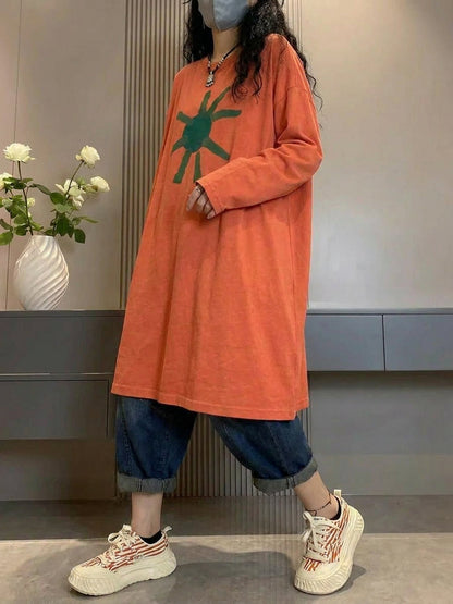 大尺碼女款藝術印花秋季棉質長版襯衫