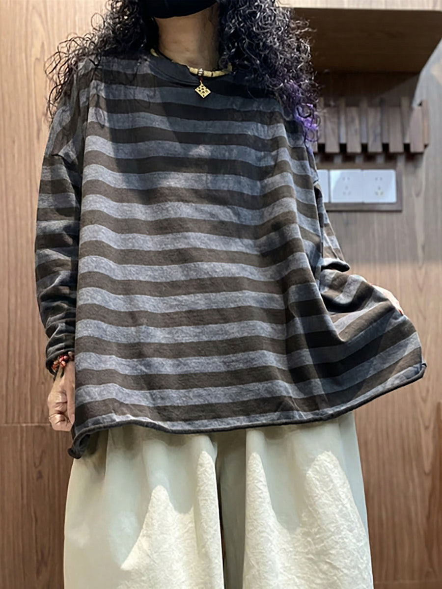 大尺碼女條紋撞色圓領長袖T卹