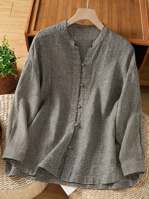 大尺碼女裝復古格紋立領長袖襯衫
