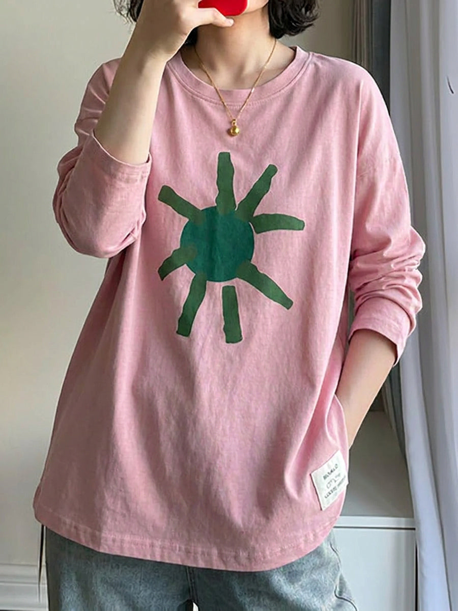 大尺碼藝術印花100%純棉寬鬆長袖T卹