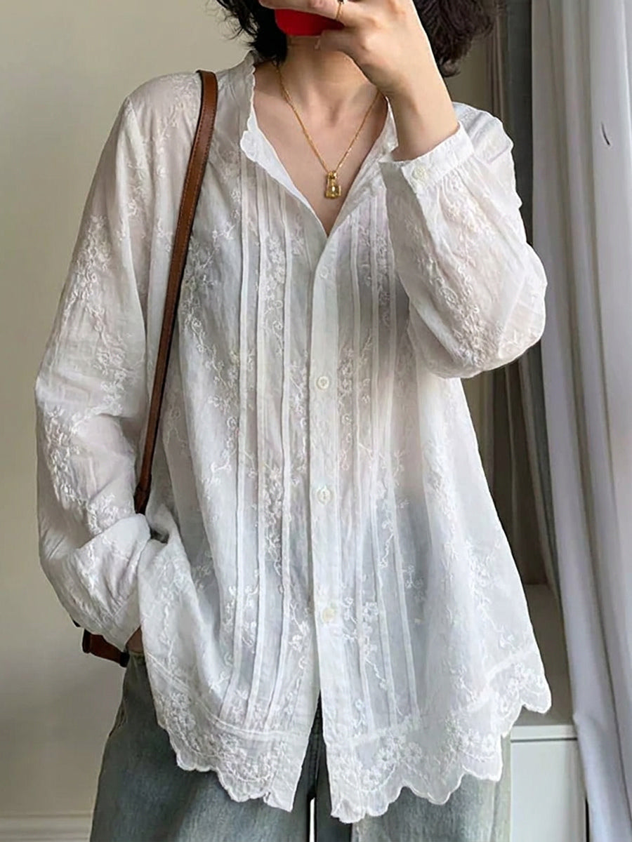 女士夏季藝術刺繡撞色100%純棉襯衫