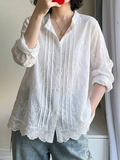 大尺碼女款藝術刺繡100%純棉長袖襯衫