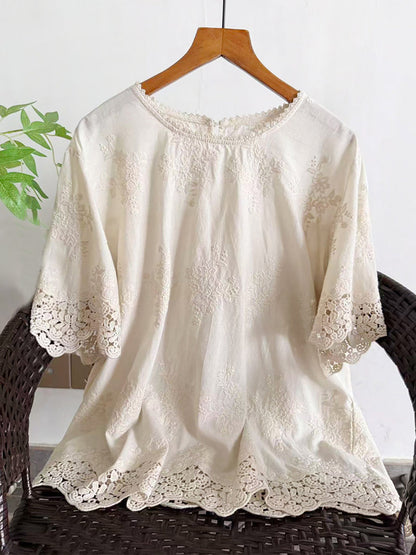 浪漫刺繡扇形下擺100%純棉襯衫