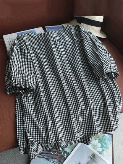 女士藝術棉質圓領格紋套頭衫－寬鬆版型，前短後長下擺