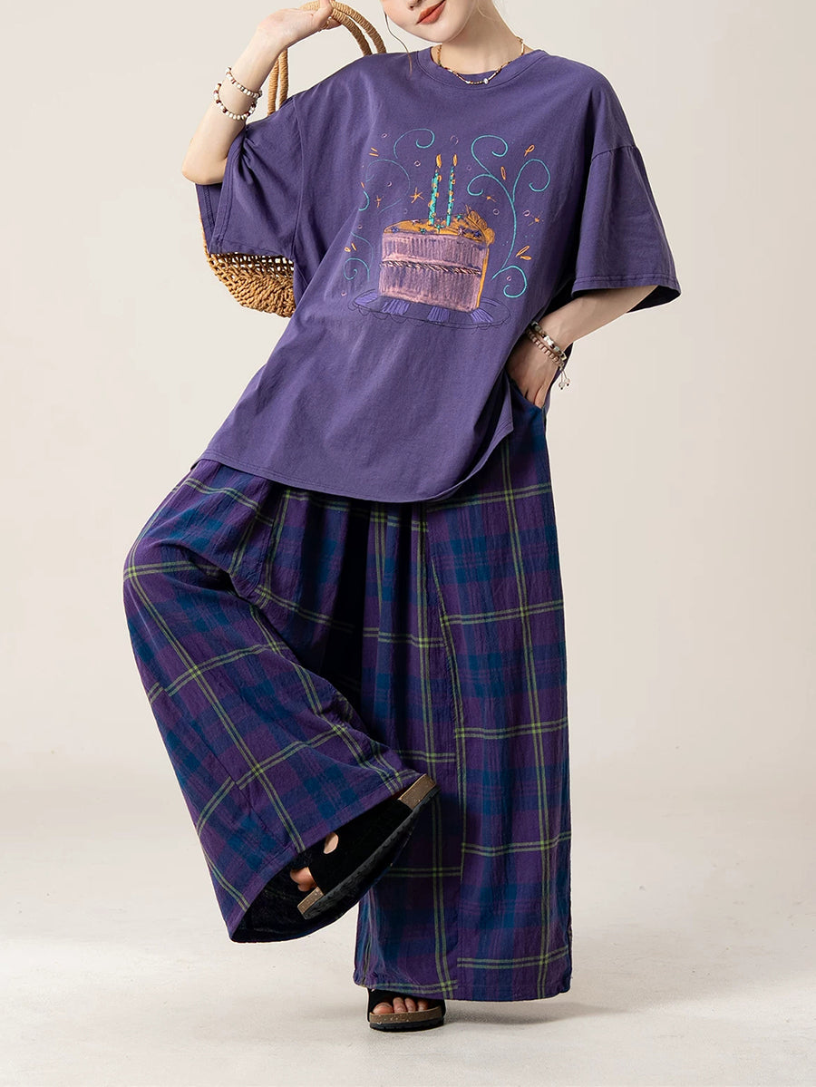 女士藝術格紋撞色寬鬆休閒寬褲
